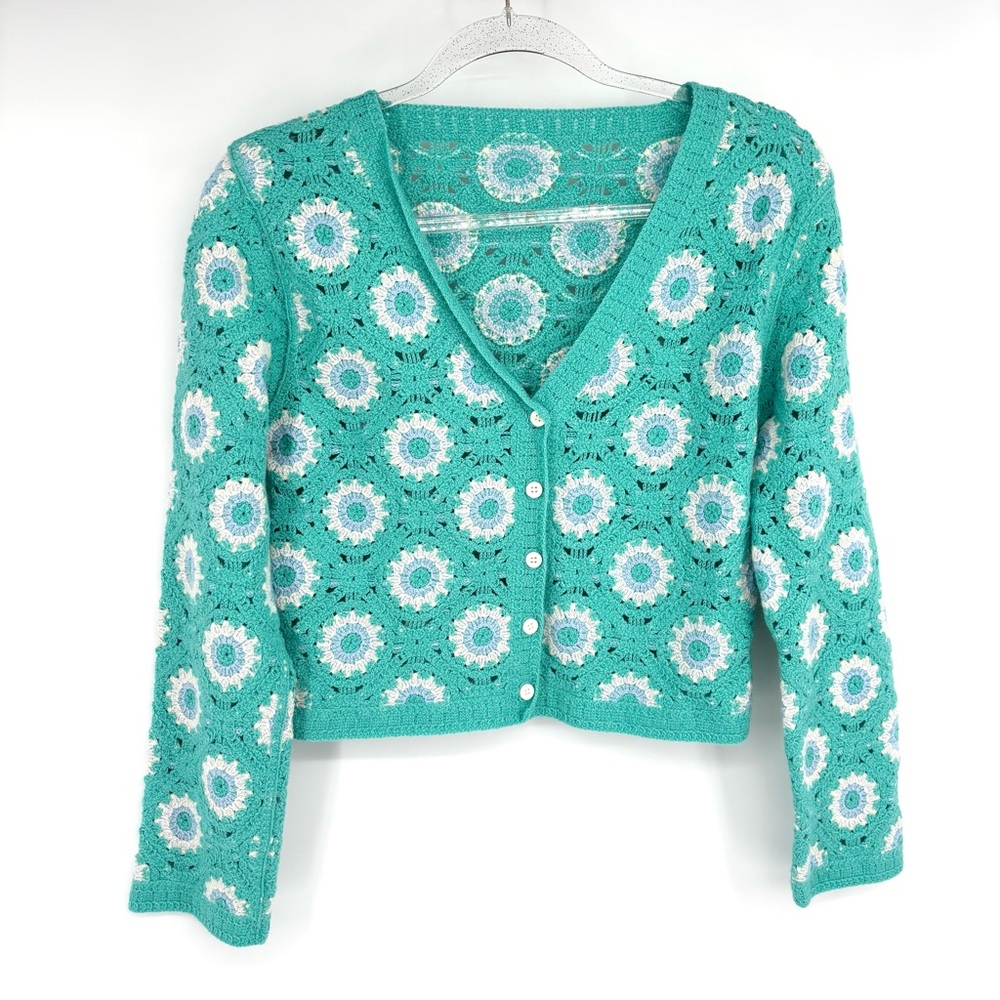 Crochet Knitted Long Sleeve Floral Cardigan Sweater Teal Crop Size Small